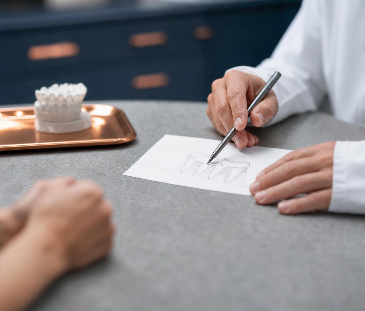 Le mani del dentista che spiegano il piano di cura su carta durante una consulenza allo studio Ruperti