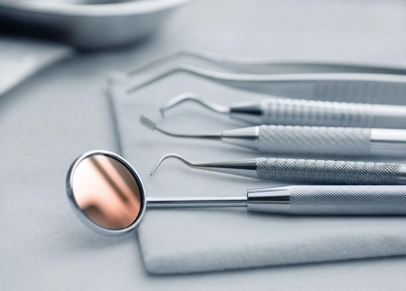 Strumenti odontoiatrici puliti e ordinati, pronti per una seduta di igiene professionale