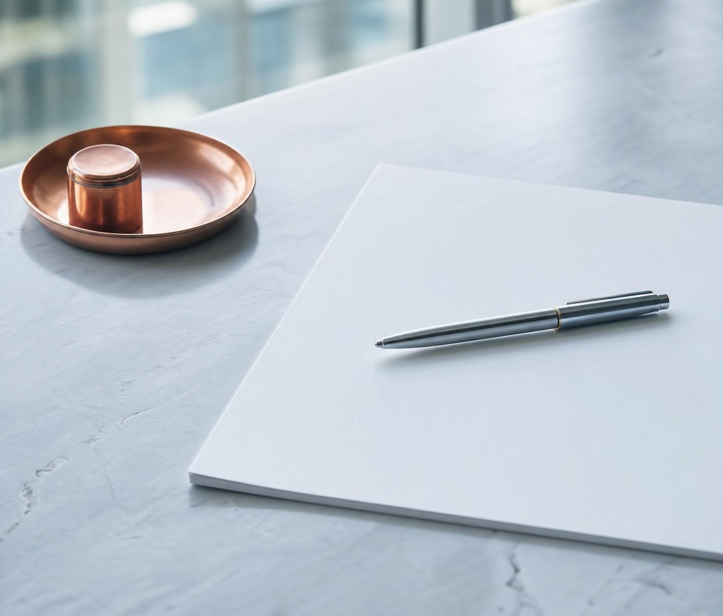 Un foglio bianco e una penna elegante su una scrivania, a rappresentare un preventivo scritto e chiaro